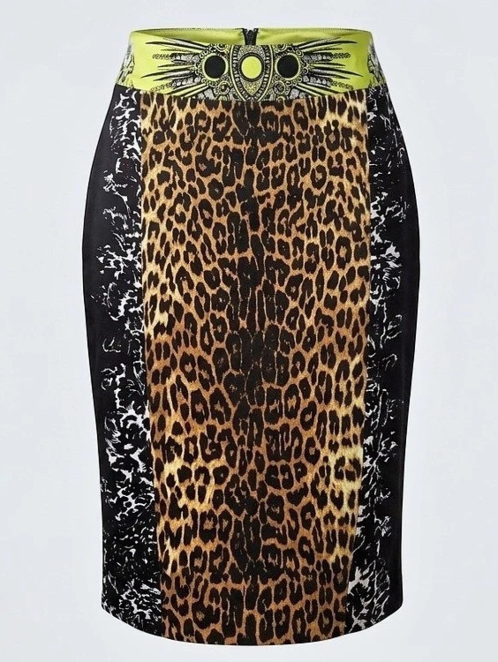 Elie Tahari Mixed Print Pencil Skirt - Leopard, Floral & Lime Accents - Size 12